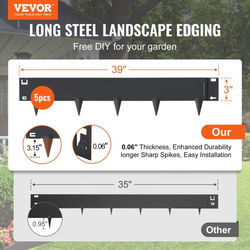 Landscaping & Shade | Steel Landscape Edging, 5-pack Steel Garden Edging Borders, 39″ L x 3″ H Strips, Hammer-in Edging Border, Bendable Metal Landscape Edging for Yard, Garden, Lawn, 3.15″ Spike Height, Black Black Landscaping & Shade Black