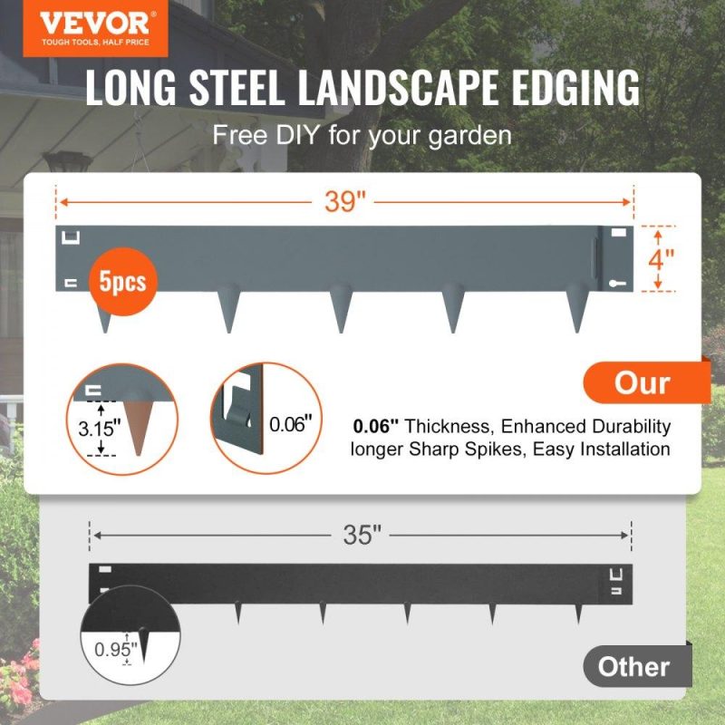 Landscaping & Shade | Steel Landscape Edging, 5-pack Steel Garden Edging Borders, 39″ L x 4″ H Strips, Hammer-in Edging Border, Bendable Metal Landscape Edging for Yard, Garden, Lawn, 3.15″ Spike Height, Dark Gray Dark Gray Landscaping & Shade Dark Gray