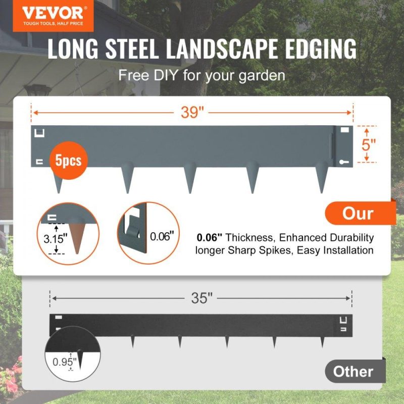 Landscaping & Shade | Steel Landscape Edging, 5-pack Steel Garden Edging Borders, 39″ L x 5″ H Strips, Hammer-in Edging Border, Bendable Metal Landscape Edging for Yard, Garden, Lawn, 3.15″ Spike Height, Dark Gray Dark Gray Landscaping & Shade Dark Gray