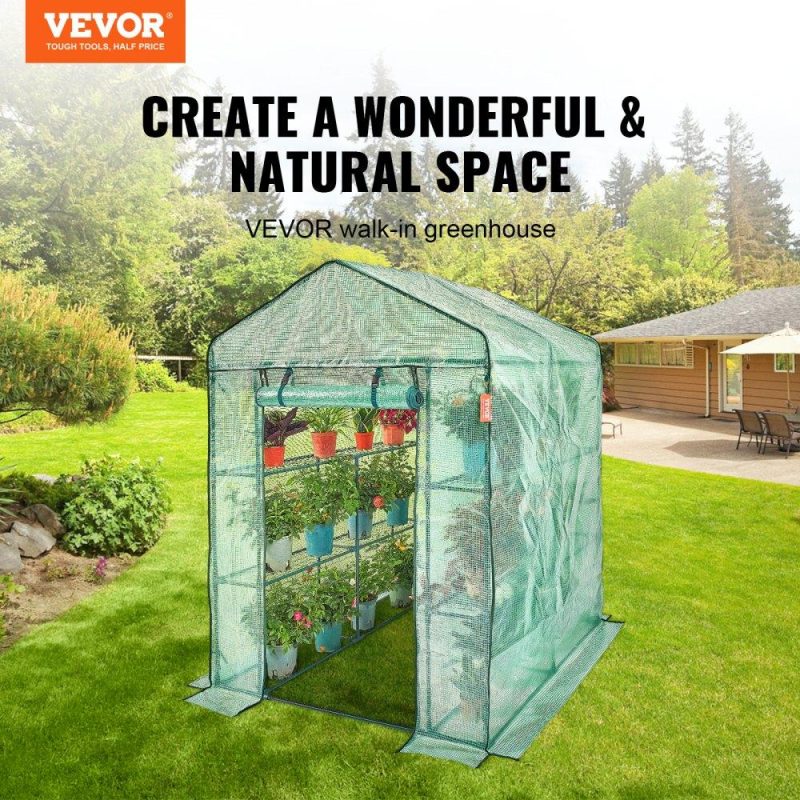 Landscaping & Shade | Walk-in Green House, 4.6 x 4.6 x 6.6 ft , Greenhouse with Shelves, High Strength PE Cover with Zipper Door and Steel Frame, Assembly in Minutes, Suitable for Planting and Storage Landscaping & Shade Landscaping & Shade