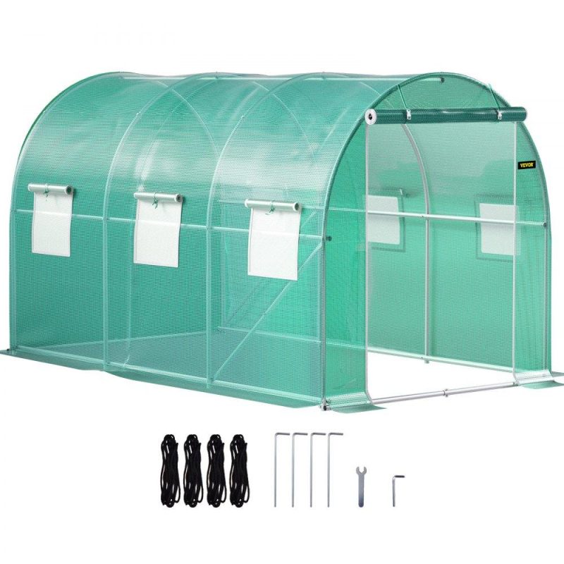 Landscaping & Shade | Walk-in Tunnel Greenhouse, 12 x 7 x 7 ft Portable Plant Hot House w/ Galvanized Steel Hoops, 1 Top Beam, Diagonal Poles, Zippered Door & 6 Roll-up Windows, Green Green Landscaping & Shade Green