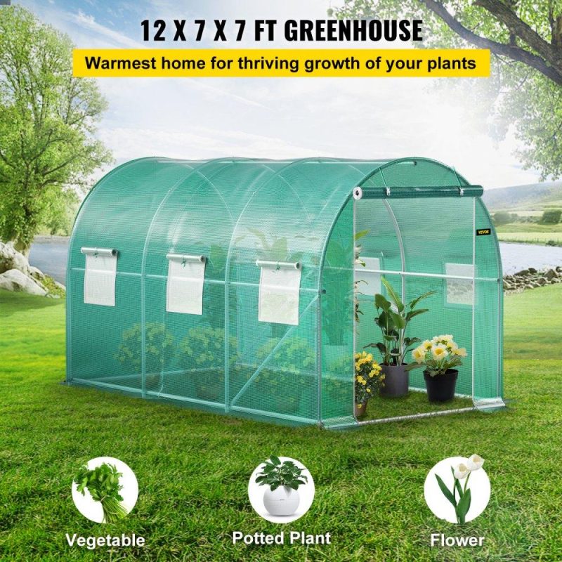 Landscaping & Shade | Walk-in Tunnel Greenhouse, 12 x 7 x 7 ft Portable Plant Hot House w/ Galvanized Steel Hoops, 1 Top Beam, Diagonal Poles, Zippered Door & 6 Roll-up Windows, Green Green Landscaping & Shade Green