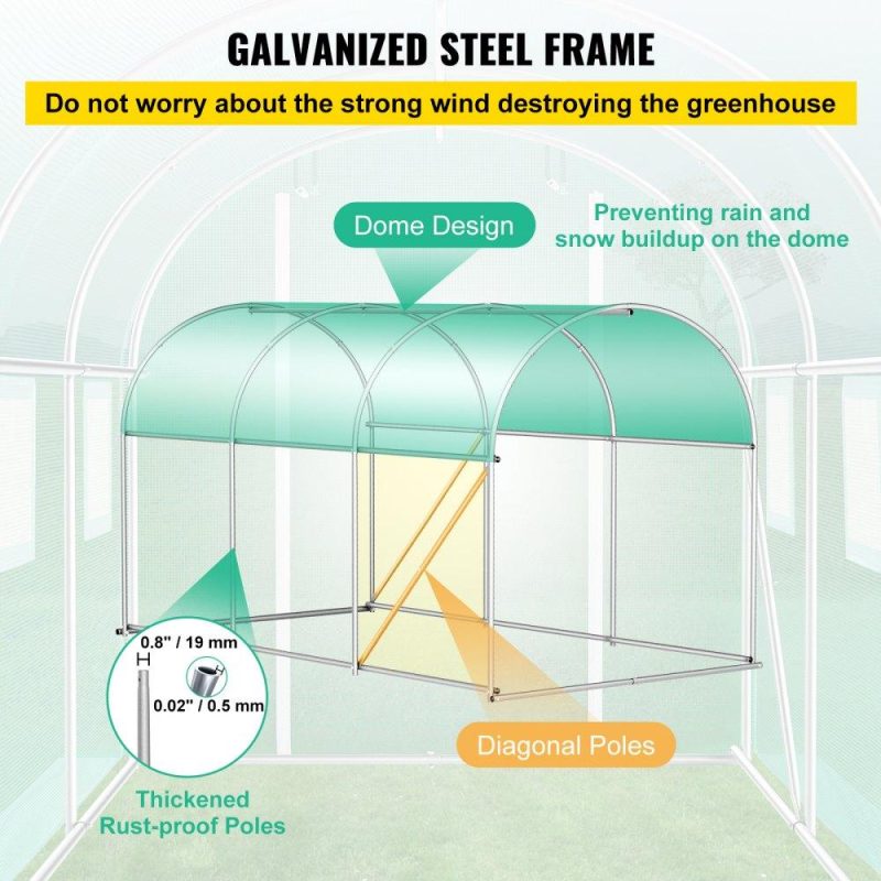 Landscaping & Shade | Walk-in Tunnel Greenhouse, 12 x 7 x 7 ft Portable Plant Hot House w/ Galvanized Steel Hoops, 1 Top Beam, Diagonal Poles, Zippered Door & 6 Roll-up Windows, Green Green Landscaping & Shade Green