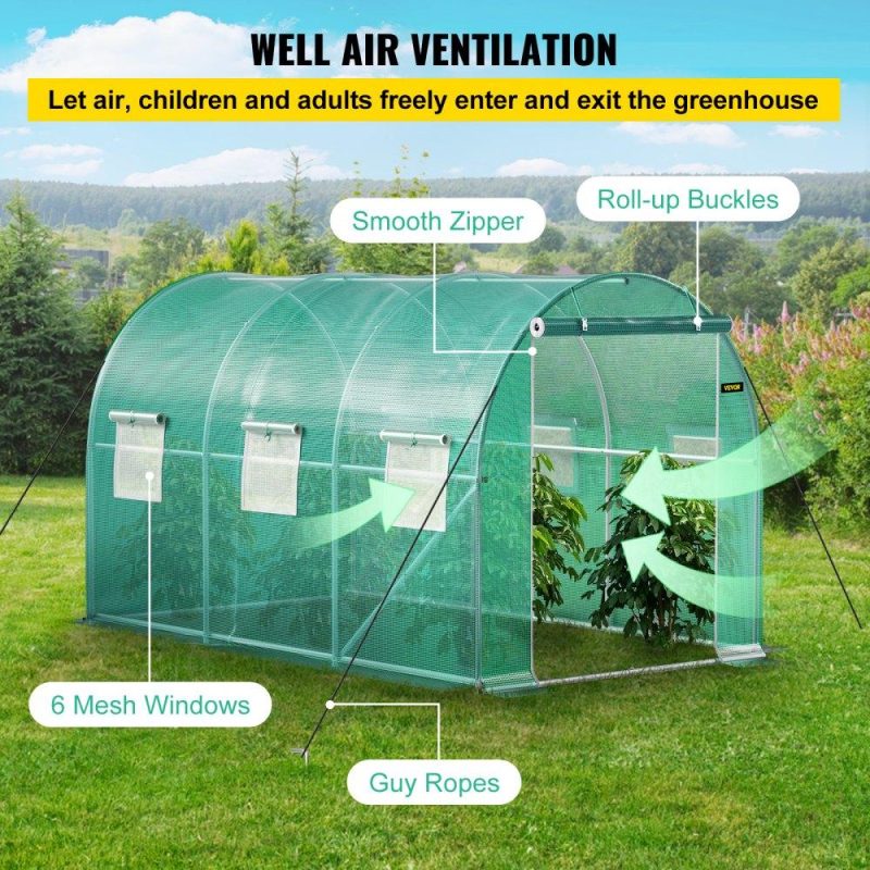 Landscaping & Shade | Walk-in Tunnel Greenhouse, 12 x 7 x 7 ft Portable Plant Hot House w/ Galvanized Steel Hoops, 1 Top Beam, Diagonal Poles, Zippered Door & 6 Roll-up Windows, Green Green Landscaping & Shade Green