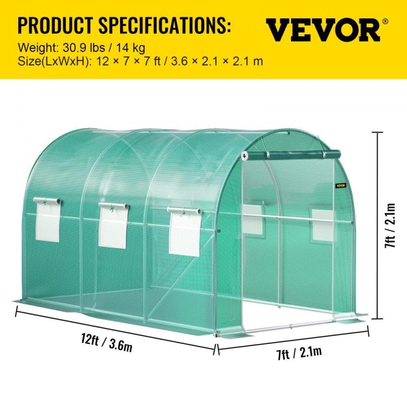 Landscaping & Shade | Walk-in Tunnel Greenhouse, 12 x 7 x 7 ft Portable Plant Hot House w/ Galvanized Steel Hoops, 1 Top Beam, Diagonal Poles, Zippered Door & 6 Roll-up Windows, Green Green Landscaping & Shade Green