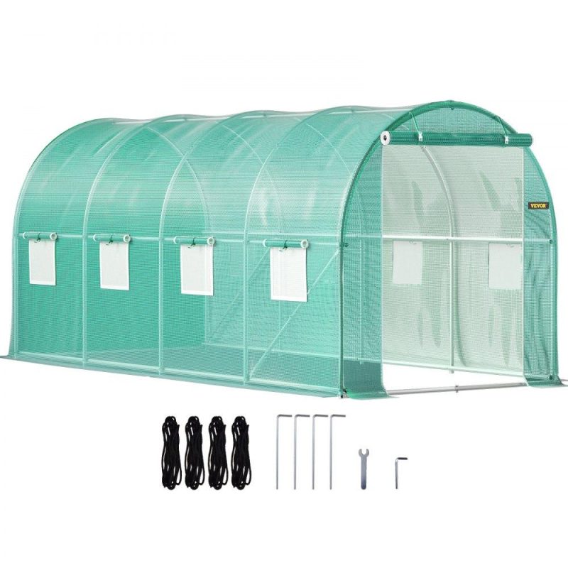 Landscaping & Shade | Walk-in Tunnel Greenhouse, 15 x 7 x 7 ft Portable Plant Hot House w/ Galvanized Steel Hoops, 1 Top Beam, Diagonal Poles, Zippered Door & 8 Roll-up Windows, Green Green Landscaping & Shade Green