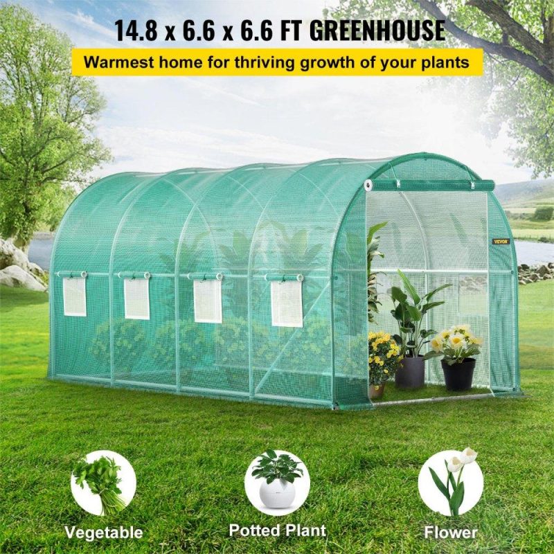 Landscaping & Shade | Walk-in Tunnel Greenhouse, 15 x 7 x 7 ft Portable Plant Hot House w/ Galvanized Steel Hoops, 1 Top Beam, Diagonal Poles, Zippered Door & 8 Roll-up Windows, Green Green Landscaping & Shade Green