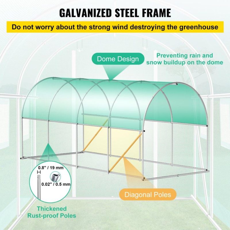 Landscaping & Shade | Walk-in Tunnel Greenhouse, 15 x 7 x 7 ft Portable Plant Hot House w/ Galvanized Steel Hoops, 1 Top Beam, Diagonal Poles, Zippered Door & 8 Roll-up Windows, Green Green Landscaping & Shade Green