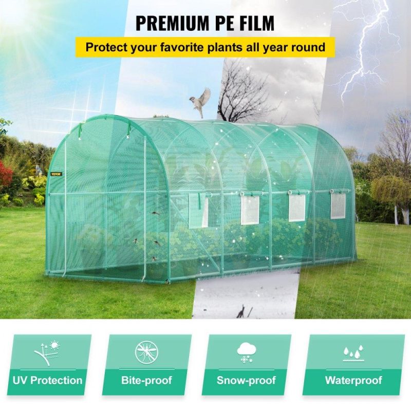 Landscaping & Shade | Walk-in Tunnel Greenhouse, 15 x 7 x 7 ft Portable Plant Hot House w/ Galvanized Steel Hoops, 1 Top Beam, Diagonal Poles, Zippered Door & 8 Roll-up Windows, Green Green Landscaping & Shade Green