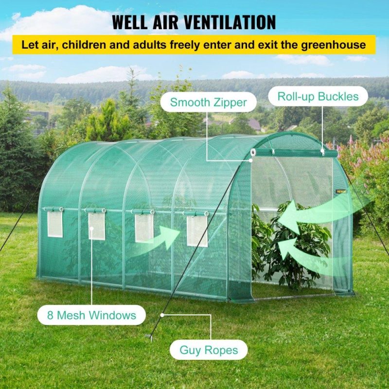 Landscaping & Shade | Walk-in Tunnel Greenhouse, 15 x 7 x 7 ft Portable Plant Hot House w/ Galvanized Steel Hoops, 1 Top Beam, Diagonal Poles, Zippered Door & 8 Roll-up Windows, Green Green Landscaping & Shade Green