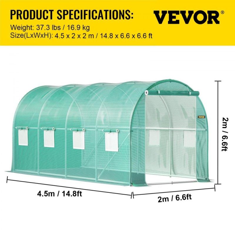 Landscaping & Shade | Walk-in Tunnel Greenhouse, 15 x 7 x 7 ft Portable Plant Hot House w/ Galvanized Steel Hoops, 1 Top Beam, Diagonal Poles, Zippered Door & 8 Roll-up Windows, Green Green Landscaping & Shade Green