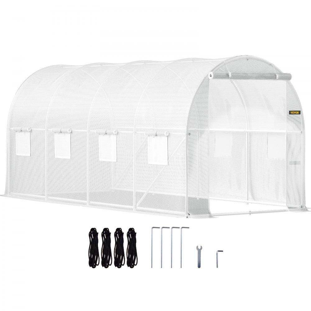 Landscaping & Shade | Walk-in Tunnel Greenhouse, 15 x 7 x 7 ft Portable Plant Hot House w/ Galvanized Steel Hoops, 1 Top Beam, Diagonal Poles, Zippered Door & 8 Roll-up Windows, White White Landscaping & Shade Landscaping & Shade