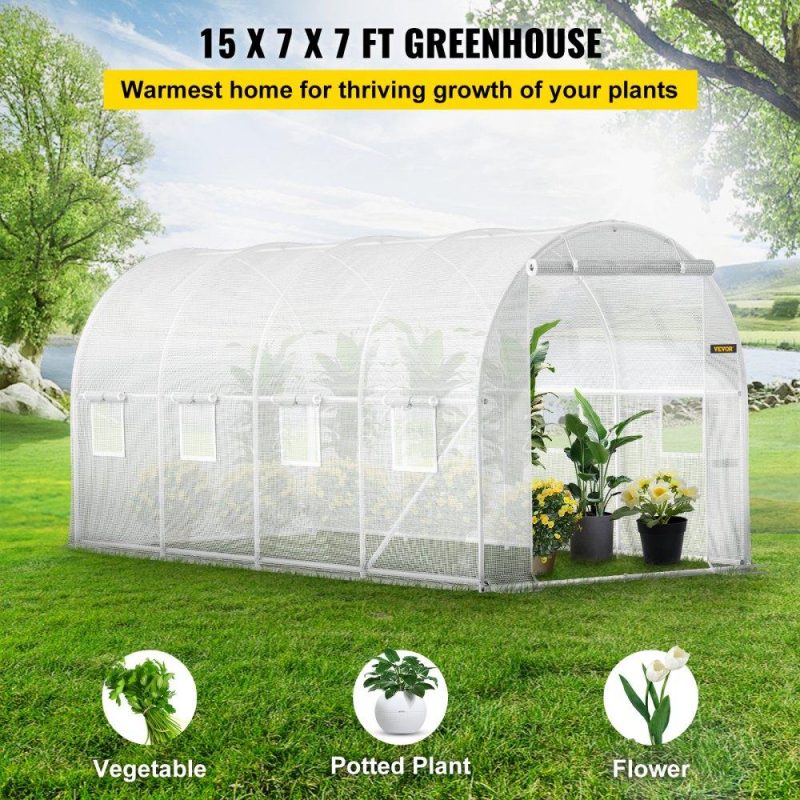 Landscaping & Shade | Walk-in Tunnel Greenhouse, 15 x 7 x 7 ft Portable Plant Hot House w/ Galvanized Steel Hoops, 1 Top Beam, Diagonal Poles, Zippered Door & 8 Roll-up Windows, White White Landscaping & Shade Landscaping & Shade