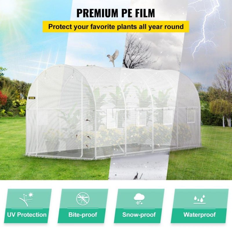 Landscaping & Shade | Walk-in Tunnel Greenhouse, 15 x 7 x 7 ft Portable Plant Hot House w/ Galvanized Steel Hoops, 1 Top Beam, Diagonal Poles, Zippered Door & 8 Roll-up Windows, White White Landscaping & Shade Landscaping & Shade