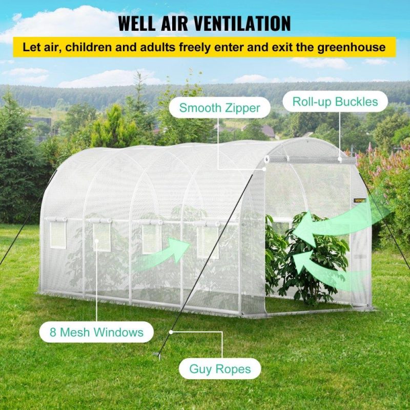 Landscaping & Shade | Walk-in Tunnel Greenhouse, 15 x 7 x 7 ft Portable Plant Hot House w/ Galvanized Steel Hoops, 1 Top Beam, Diagonal Poles, Zippered Door & 8 Roll-up Windows, White White Landscaping & Shade Landscaping & Shade