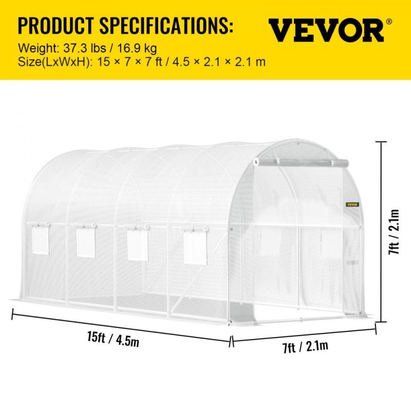 Landscaping & Shade | Walk-in Tunnel Greenhouse, 15 x 7 x 7 ft Portable Plant Hot House w/ Galvanized Steel Hoops, 1 Top Beam, Diagonal Poles, Zippered Door & 8 Roll-up Windows, White White Landscaping & Shade Landscaping & Shade