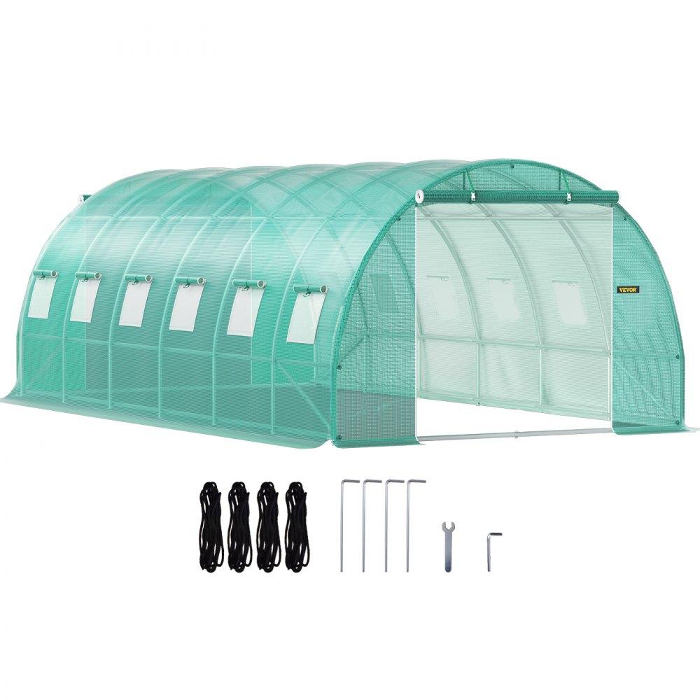 Landscaping & Shade | Walk-in Tunnel Greenhouse, 20 x 10 x 7 ft Portable Plant Hot House w/ Galvanized Steel Hoops, 3 Top Beams, Diagonal Poles, 2 Zippered Doors & 12 Roll-up Windows, Green Green Landscaping & Shade Green