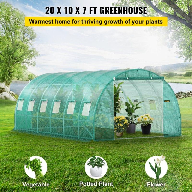 Landscaping & Shade | Walk-in Tunnel Greenhouse, 20 x 10 x 7 ft Portable Plant Hot House w/ Galvanized Steel Hoops, 3 Top Beams, Diagonal Poles, 2 Zippered Doors & 12 Roll-up Windows, Green Green Landscaping & Shade Green