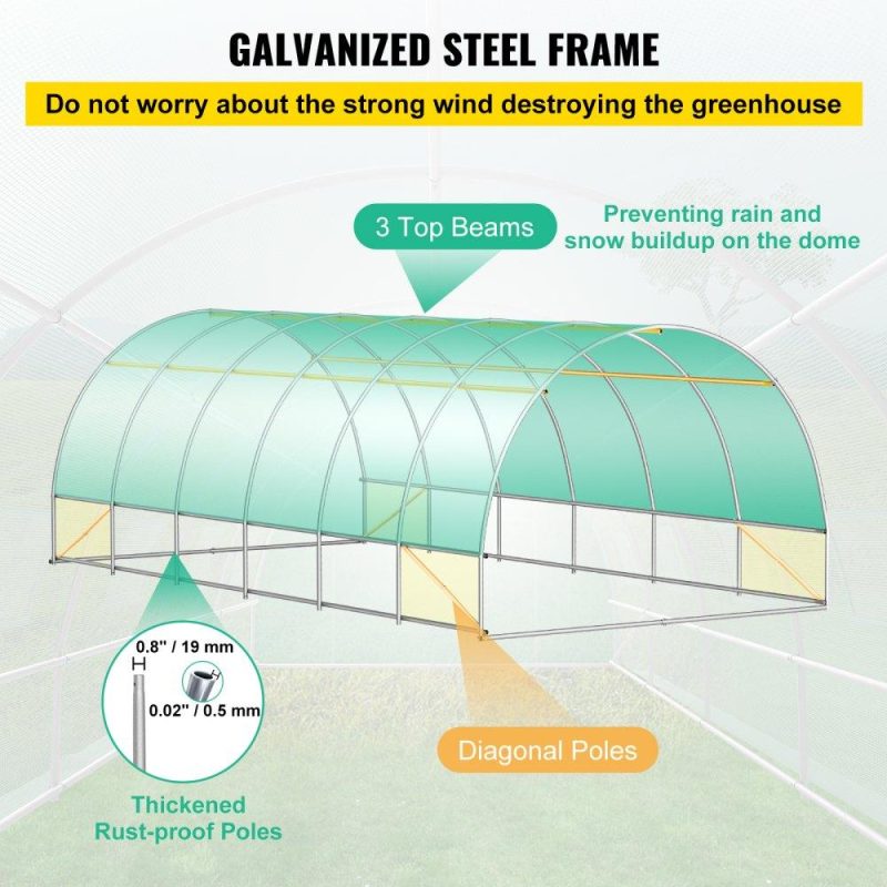 Landscaping & Shade | Walk-in Tunnel Greenhouse, 20 x 10 x 7 ft Portable Plant Hot House w/ Galvanized Steel Hoops, 3 Top Beams, Diagonal Poles, 2 Zippered Doors & 12 Roll-up Windows, Green Green Landscaping & Shade Green