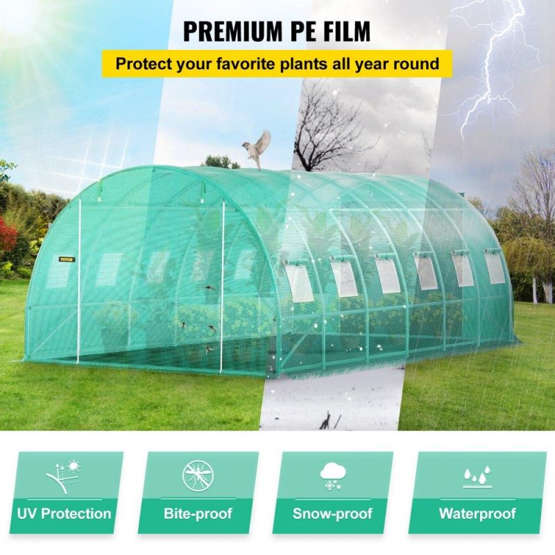 Landscaping & Shade | Walk-in Tunnel Greenhouse, 20 x 10 x 7 ft Portable Plant Hot House w/ Galvanized Steel Hoops, 3 Top Beams, Diagonal Poles, 2 Zippered Doors & 12 Roll-up Windows, Green Green Landscaping & Shade Green