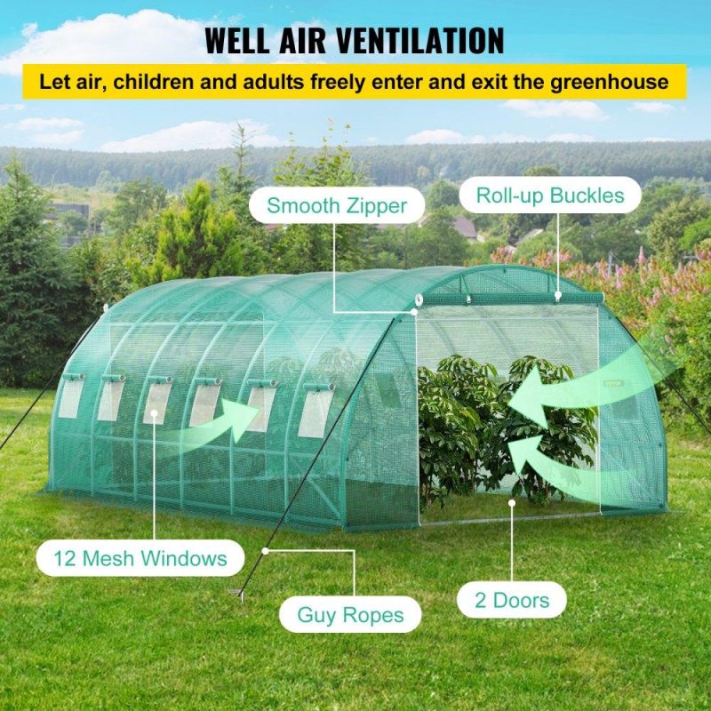 Landscaping & Shade | Walk-in Tunnel Greenhouse, 20 x 10 x 7 ft Portable Plant Hot House w/ Galvanized Steel Hoops, 3 Top Beams, Diagonal Poles, 2 Zippered Doors & 12 Roll-up Windows, Green Green Landscaping & Shade Green