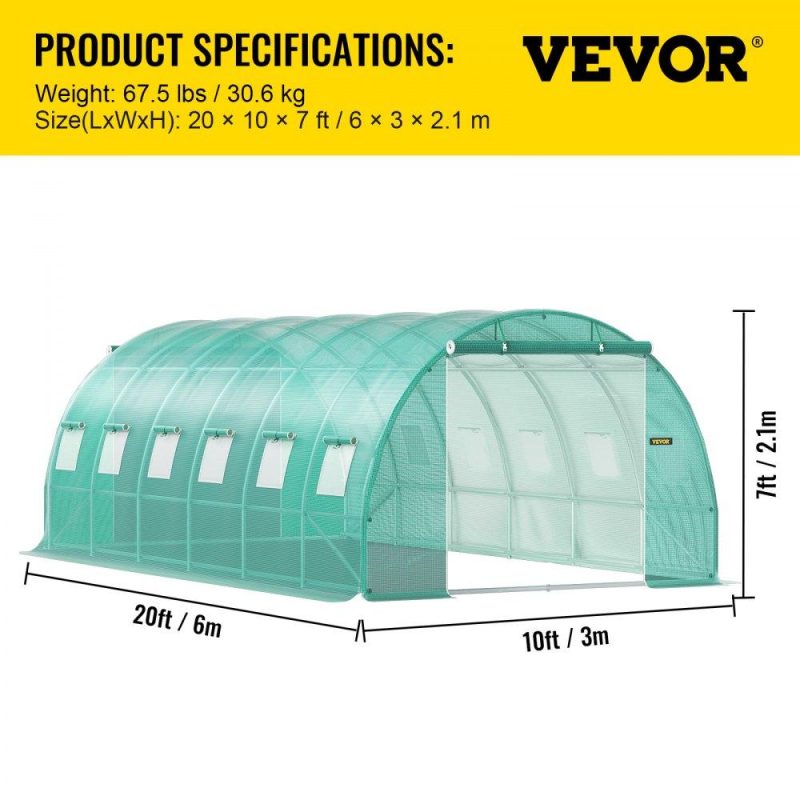 Landscaping & Shade | Walk-in Tunnel Greenhouse, 20 x 10 x 7 ft Portable Plant Hot House w/ Galvanized Steel Hoops, 3 Top Beams, Diagonal Poles, 2 Zippered Doors & 12 Roll-up Windows, Green Green Landscaping & Shade Green