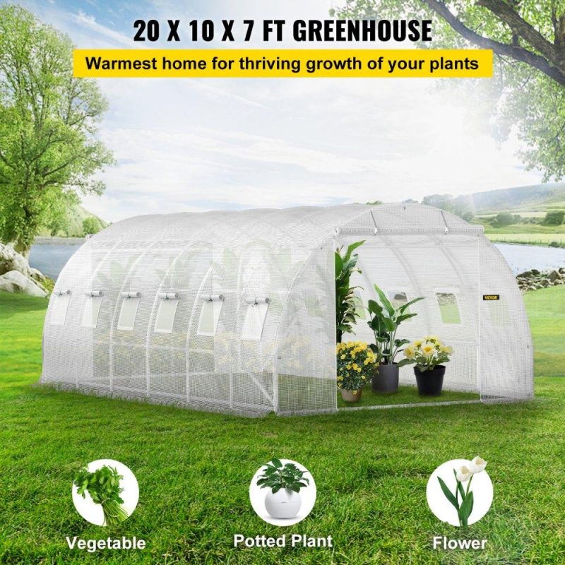 Landscaping & Shade | Walk-in Tunnel Greenhouse, 20 x 10 x 7 ft Portable Plant Hot House w/ Galvanized Steel Hoops, 3 Top Beams, Diagonal Poles, 2 Zippered Doors & 12 Roll-up Windows, White White Landscaping & Shade Landscaping & Shade