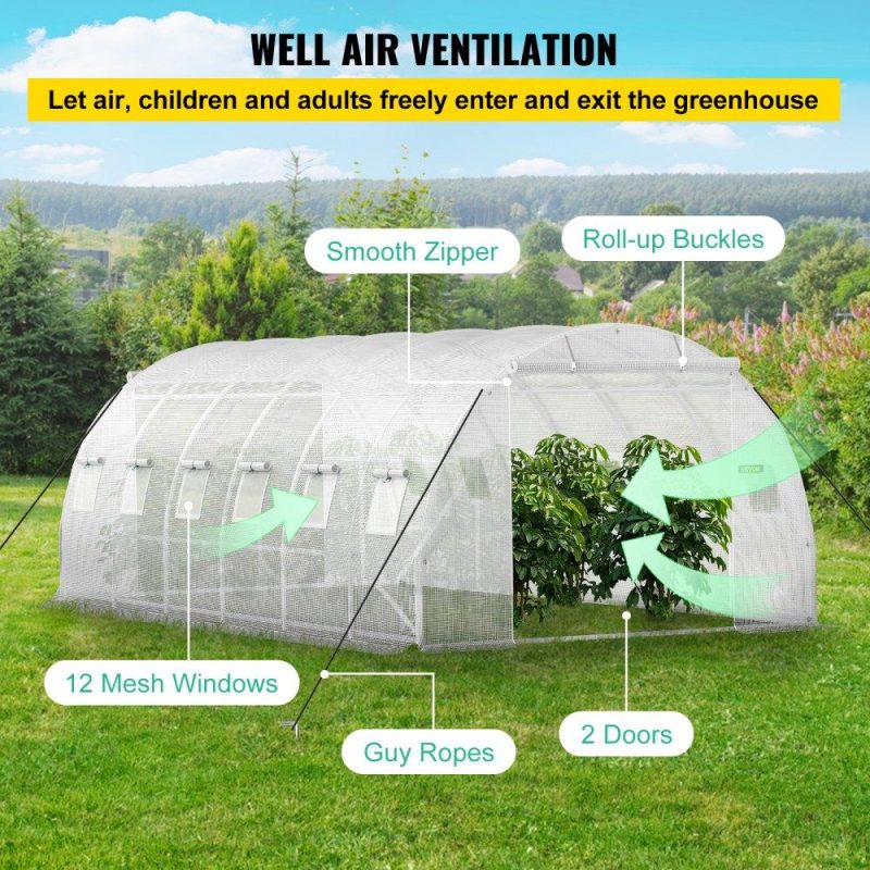 Landscaping & Shade | Walk-in Tunnel Greenhouse, 20 x 10 x 7 ft Portable Plant Hot House w/ Galvanized Steel Hoops, 3 Top Beams, Diagonal Poles, 2 Zippered Doors & 12 Roll-up Windows, White White Landscaping & Shade Landscaping & Shade