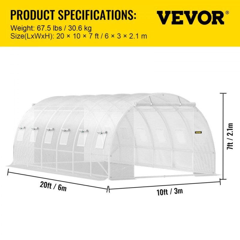 Landscaping & Shade | Walk-in Tunnel Greenhouse, 20 x 10 x 7 ft Portable Plant Hot House w/ Galvanized Steel Hoops, 3 Top Beams, Diagonal Poles, 2 Zippered Doors & 12 Roll-up Windows, White White Landscaping & Shade Landscaping & Shade