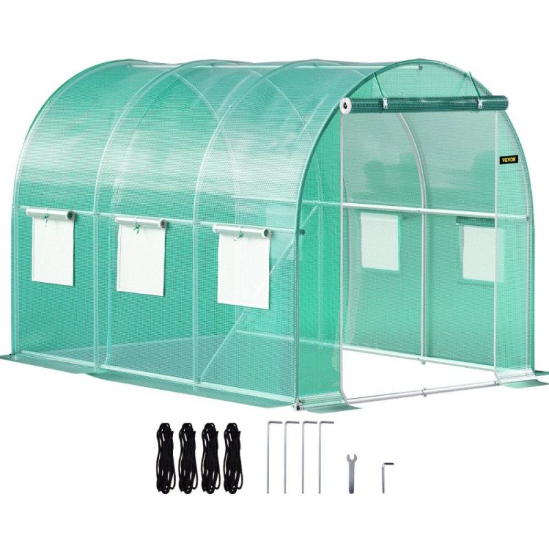 Landscaping & Shade | Walk-in Tunnel Greenhouse, 9.8 x 6.6 x 6.6 ft Portable Plant Hot House w/ Galvanized Steel Hoops, 1 Top Beam, Diagonal Poles, Zippered Door & 6 Roll-up Windows, Green Green Landscaping & Shade Green