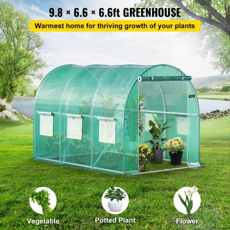 Landscaping & Shade | Walk-in Tunnel Greenhouse, 9.8 x 6.6 x 6.6 ft Portable Plant Hot House w/ Galvanized Steel Hoops, 1 Top Beam, Diagonal Poles, Zippered Door & 6 Roll-up Windows, Green Green Landscaping & Shade Green