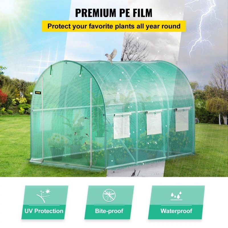 Landscaping & Shade | Walk-in Tunnel Greenhouse, 9.8 x 6.6 x 6.6 ft Portable Plant Hot House w/ Galvanized Steel Hoops, 1 Top Beam, Diagonal Poles, Zippered Door & 6 Roll-up Windows, Green Green Landscaping & Shade Green