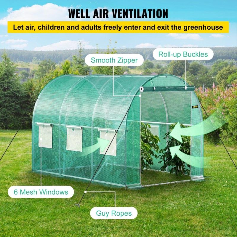 Landscaping & Shade | Walk-in Tunnel Greenhouse, 9.8 x 6.6 x 6.6 ft Portable Plant Hot House w/ Galvanized Steel Hoops, 1 Top Beam, Diagonal Poles, Zippered Door & 6 Roll-up Windows, Green Green Landscaping & Shade Green