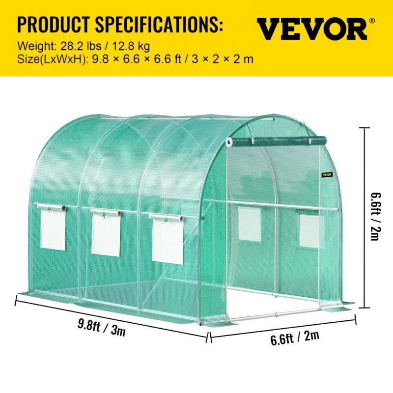 Landscaping & Shade | Walk-in Tunnel Greenhouse, 9.8 x 6.6 x 6.6 ft Portable Plant Hot House w/ Galvanized Steel Hoops, 1 Top Beam, Diagonal Poles, Zippered Door & 6 Roll-up Windows, Green Green Landscaping & Shade Green