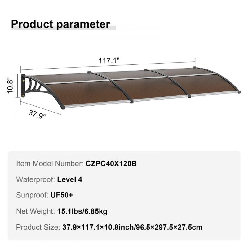 Landscaping & Shade | Window Door Awning Canopy 38″ x 117″, UPF 50+ Polycarbonate Entry Door Outdoor Window Awning Exterior, Front Door Overhang Awning for Sun Shutter, UV, Rain, Snow Protection, Hollow Sheet Brown Landscaping & Shade Brown