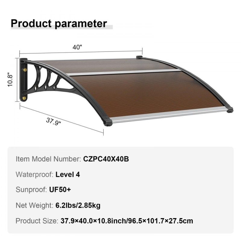 Landscaping & Shade | Window Door Awning Canopy 40″ x 40″, UPF 50+ Polycarbonate Entry Door Outdoor Window Awning Exterior, Front Door Overhang Awning for Sun Shutter, UV, Rain, Snow Protection, Hollow Sheet Brown Landscaping & Shade Brown