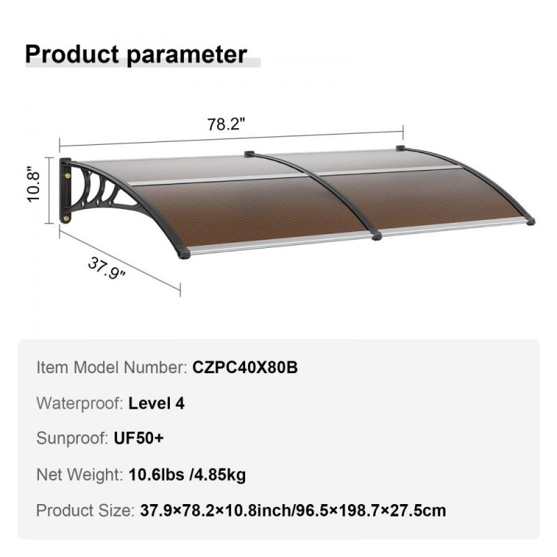 Landscaping & Shade | Window Door Awning Canopy 80″ x 40″, UPF 50+ Polycarbonate Entry Door Outdoor Window Awning Exterior, Front Door Overhang Awning for Sun Shutter, UV, Rain, Snow Protection, Hollow Sheet Brown Landscaping & Shade Brown