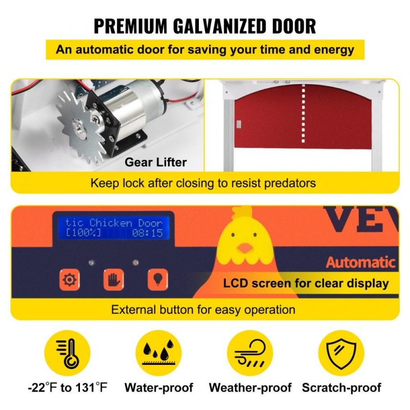 Livestock & Poultry Supplies | Automatic Chicken Coop Door, Auto Open/Close, Gear Lifter Galvanized Poultry Gate with Evening and Morning Delayed Opening Timer & Light Sensor, Battery Powered LCD Screen, for Duck, Red Red Agriculture & Forestry Equipment Livestock & Poultry Supplies