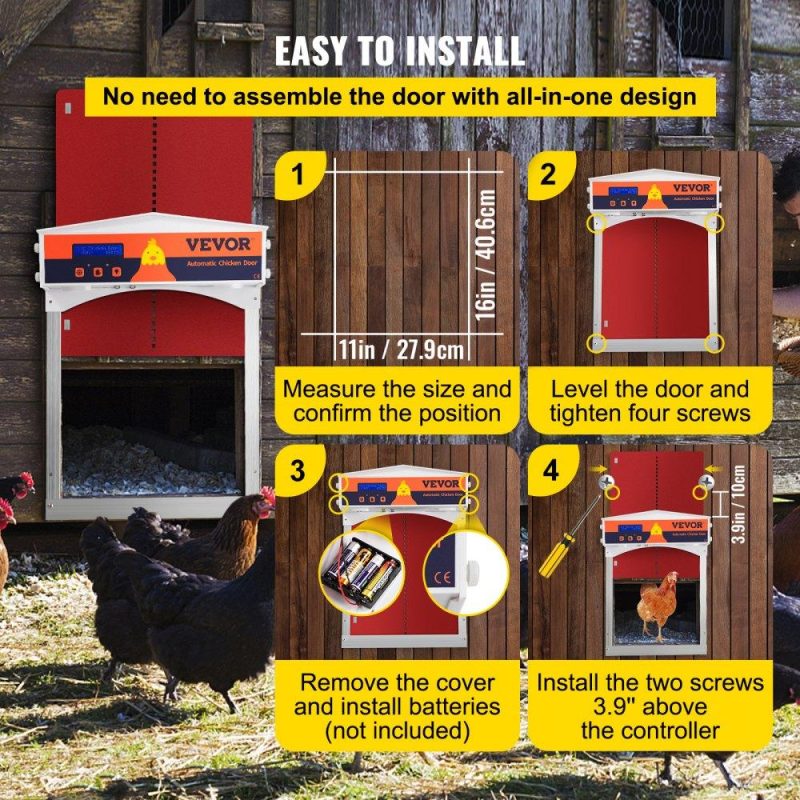 Livestock & Poultry Supplies | Automatic Chicken Coop Door, Auto Open/Close, Gear Lifter Galvanized Poultry Gate with Evening and Morning Delayed Opening Timer & Light Sensor, Battery Powered LCD Screen, for Duck, Red Red Agriculture & Forestry Equipment Livestock & Poultry Supplies