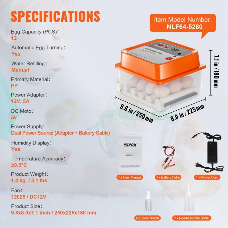 Livestock & Poultry Supplies | Egg Incubator, Incubators for Hatching Eggs, Automatic Egg Turner with with Temperature and Humidity Control, 12 Eggs Poultry Hatcher with ABS Transparent Shell for Chicken, Duck, Quail Agriculture & Forestry Equipment Livestock & Poultry Supplies