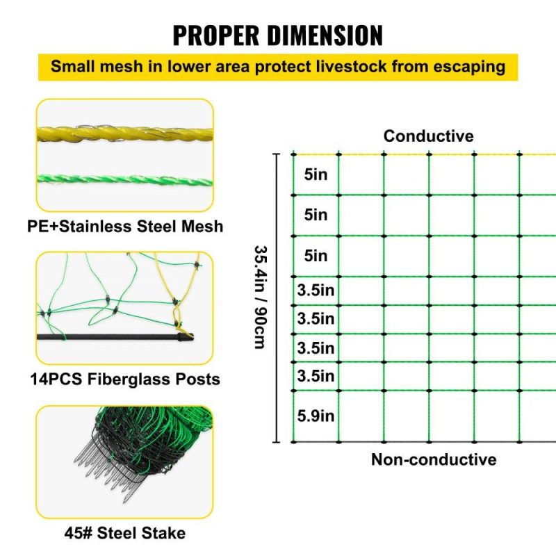 Livestock & Poultry Supplies | Electric Fence Netting, 35.4″ H x 164′ L, PE Net Fencing with 14 Posts Double Spiked, Utility Portable Mesh for Goats, Sheep, Lambs, Deer, Hogs, Dogs, Used in Backyards, Farms and Ranches, Green Agriculture & Forestry Equipment Livestock & Poultry Supplies