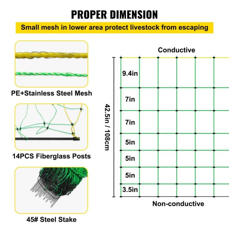 Livestock & Poultry Supplies | Electric Fence Netting, 42.5″ H x 164′ L, PE Net Fencing with 14 Posts Double Spiked, Utility Portable Mesh for Goats, Sheep, Lambs, Deer, Hogs, Dogs, Used in Backyards, Farms and Ranches, Green Agriculture & Forestry Equipment Livestock & Poultry Supplies