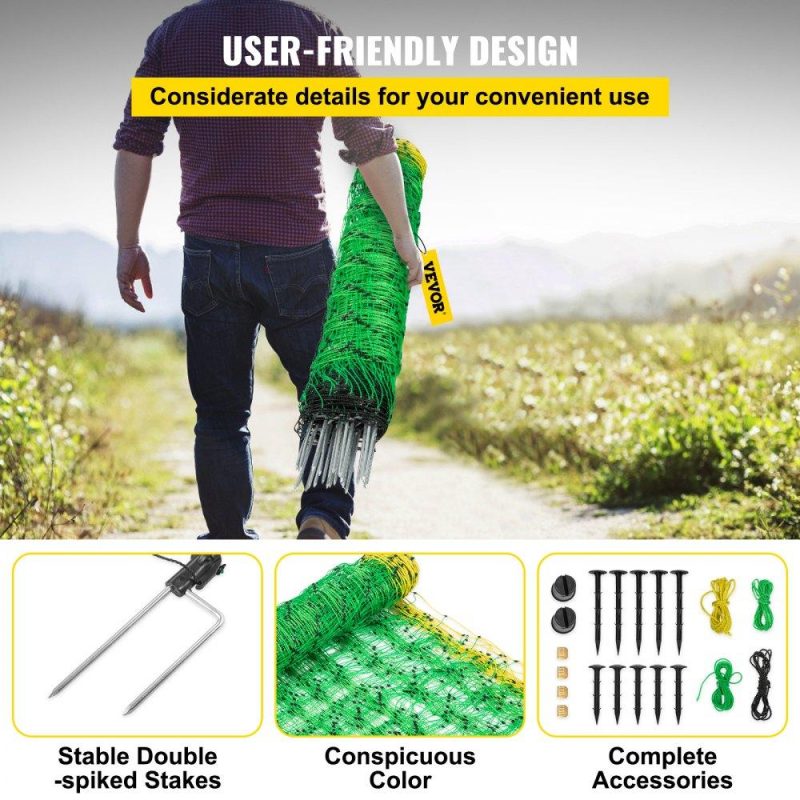 Livestock & Poultry Supplies | Electric Fence Netting, 42.5″ H x 164′ L, PE Net Fencing with 14 Posts Double Spiked, Utility Portable Mesh for Goats, Sheep, Lambs, Deer, Hogs, Dogs, Used in Backyards, Farms and Ranches, Green Agriculture & Forestry Equipment Livestock & Poultry Supplies