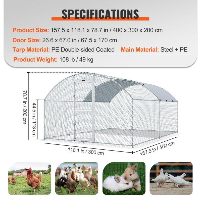 Livestock & Poultry Supplies | Large Metal Chicken Coop with Run, Walkin Chicken Coop for Yard with Waterproof Cover, 13.1 x 9.8 x 6.6 ft, Dome Roof Large Poultry Cage for Hen House, Duck Coop and Rabbit Run, Silver Agriculture & Forestry Equipment Livestock & Poultry Supplies