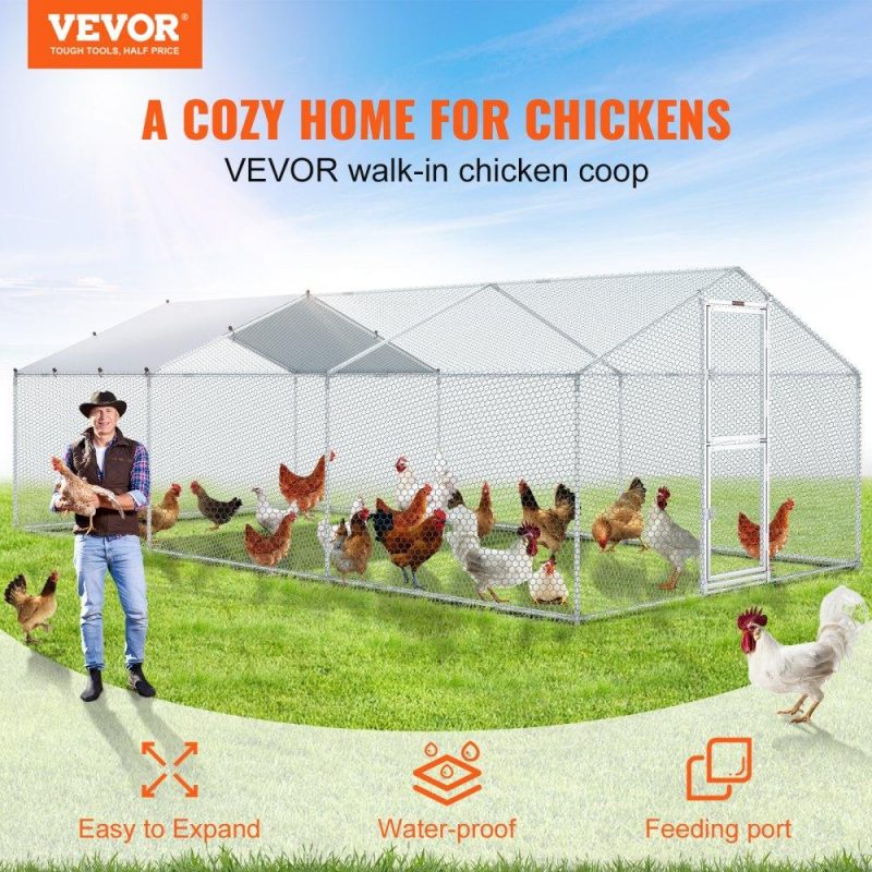 Livestock & Poultry Supplies | Large Metal Chicken Coop with Run, Walkin Poultry Cage for Yard, Waterproof Cover, 19.7 x 9.8 x 6.6 ft, Peaked Roof for Hen House, Duck Coop and Rabbit, Silver Agriculture & Forestry Equipment Livestock & Poultry Supplies