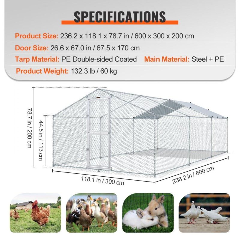 Livestock & Poultry Supplies | Large Metal Chicken Coop with Run, Walkin Poultry Cage for Yard, Waterproof Cover, 19.7 x 9.8 x 6.6 ft, Peaked Roof for Hen House, Duck Coop and Rabbit, Silver Agriculture & Forestry Equipment Livestock & Poultry Supplies