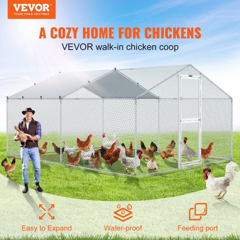 Livestock & Poultry Supplies | Metal Chicken Coop, 13.1 x 9.8 x 6.6 ft Large Chicken Run, Peaked Roof Outdoor Walk-in Poultry Pen Cage for Farm or Backyard, with Water-proof Cover and Protection Mesh, for Hen, Duck, Rabbit Agriculture & Forestry Equipment Livestock & Poultry Supplies