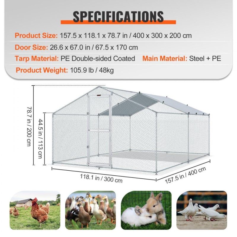 Livestock & Poultry Supplies | Metal Chicken Coop, 13.1 x 9.8 x 6.6 ft Large Chicken Run, Peaked Roof Outdoor Walk-in Poultry Pen Cage for Farm or Backyard, with Water-proof Cover and Protection Mesh, for Hen, Duck, Rabbit Agriculture & Forestry Equipment Livestock & Poultry Supplies