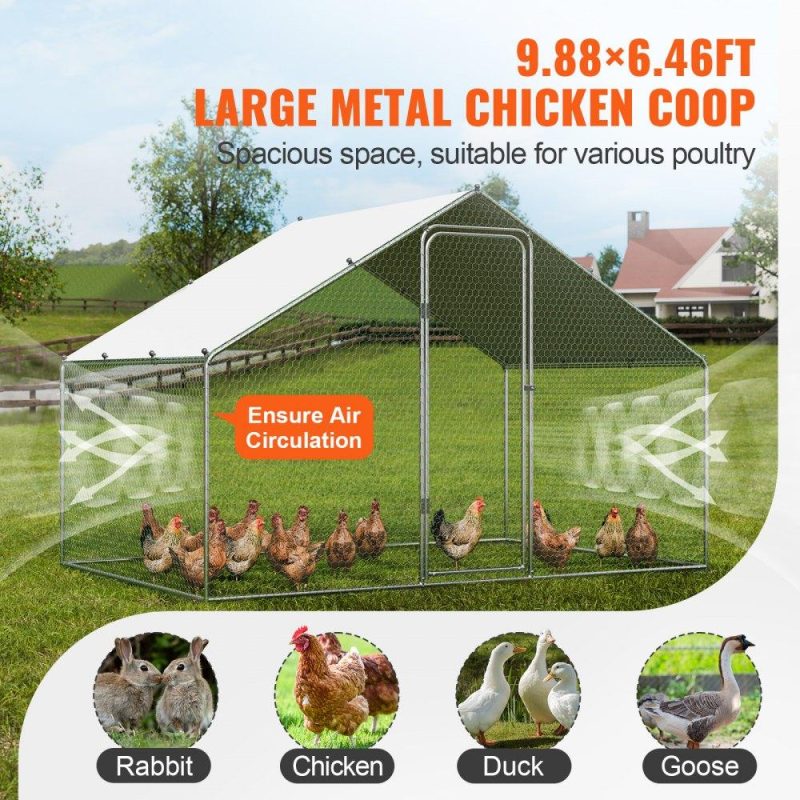 Metal Chicken Coop | Large Metal Chicken Coop, 9.8×6.5×6.5ft Walk-in Chicken Run with Waterproof Cover, Spire Roof Hen House with Security Lock for Outdoor and Backyard, Farm, Duck Rabbit Cage Poultry Pen Agriculture & Forestry Equipment Livestock & Poultry Supplies