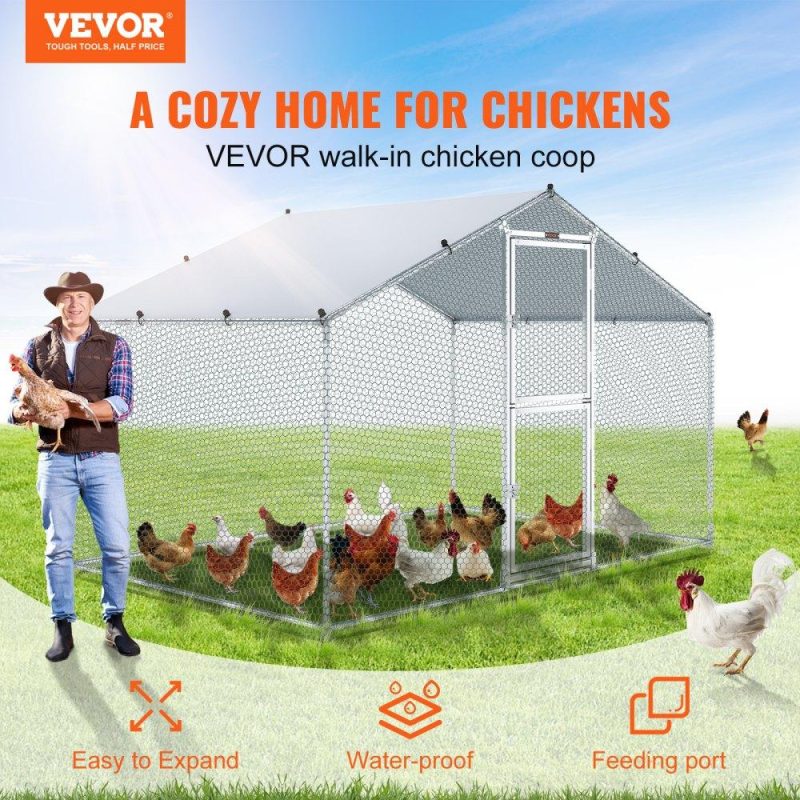 Metal Chicken Coop | Large Metal Chicken Coop with Run, Walkin Chicken Coop for Yard with Waterproof Cover, 6.6 x 9.8 x 6.6 ft, Peaked Roof Large Poultry Cage for Hen House, Duck Coop and Rabbit Run, Silver Agriculture & Forestry Equipment Livestock & Poultry Supplies